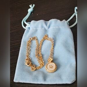 Vintage Christian Dior Gold Tone Necklace w/ "Dior" Logo and Rhinestones Pendant